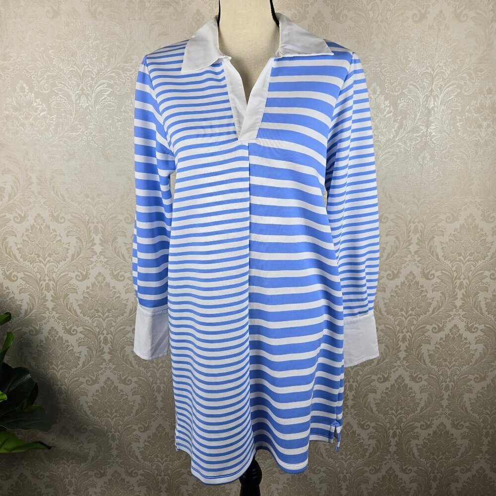 Addison Bay Size Small Easy Rugby Stripe Dress Blue White Long Sleeve Collar NWT